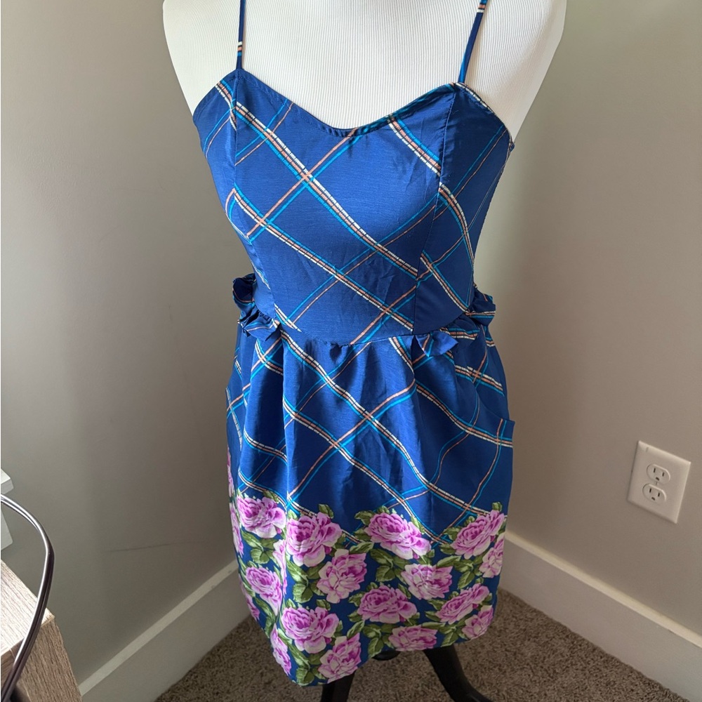 Xhilaration Blue Lattice and Floral Dress